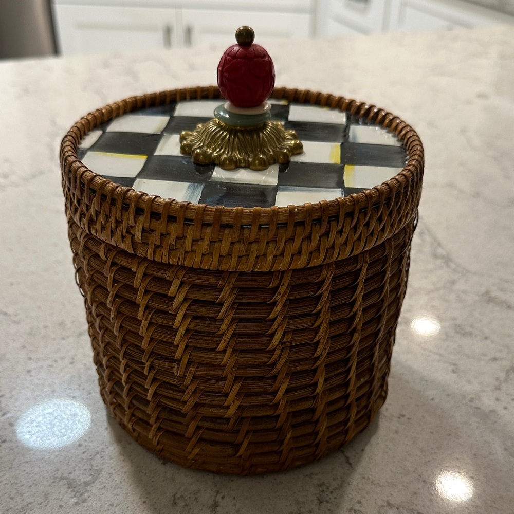 Mackenzie-Childs Woven Ratan Basket with Enameled Courtly Check Lid withRed Knob